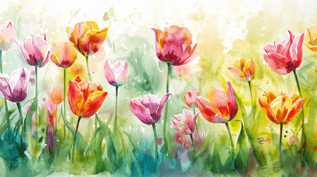 创意水彩春天花卉花朵美丽的郁金香花田插画18