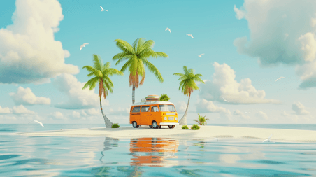 创意蓝色夏天大海旅游度假海边沙滩汽车的插画2