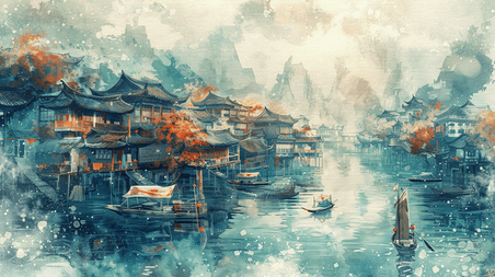 水彩旅游水乡古镇手绘绘画山水风景的插画