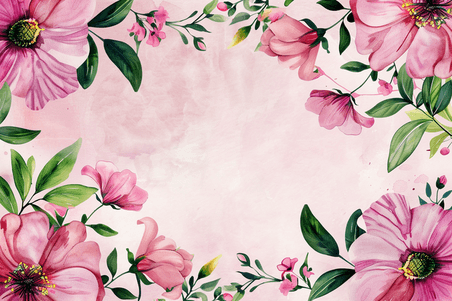 粉色水彩植物边框春天绿色植物浅色花朵背景插画