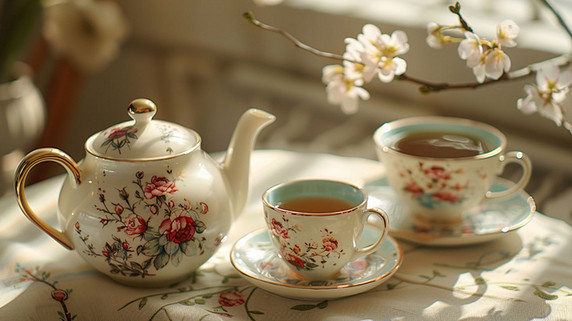 创意复古欧式英国茶玫瑰花茶瓷器立体描绘摄影照片