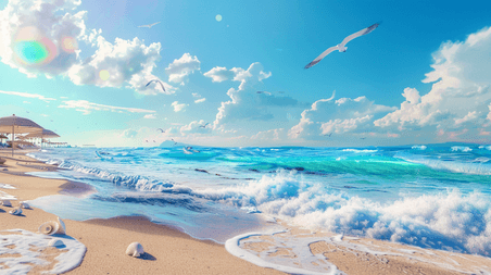 夏天夏季大海蓝天白云海边沙滩上海浪休闲度假的插画