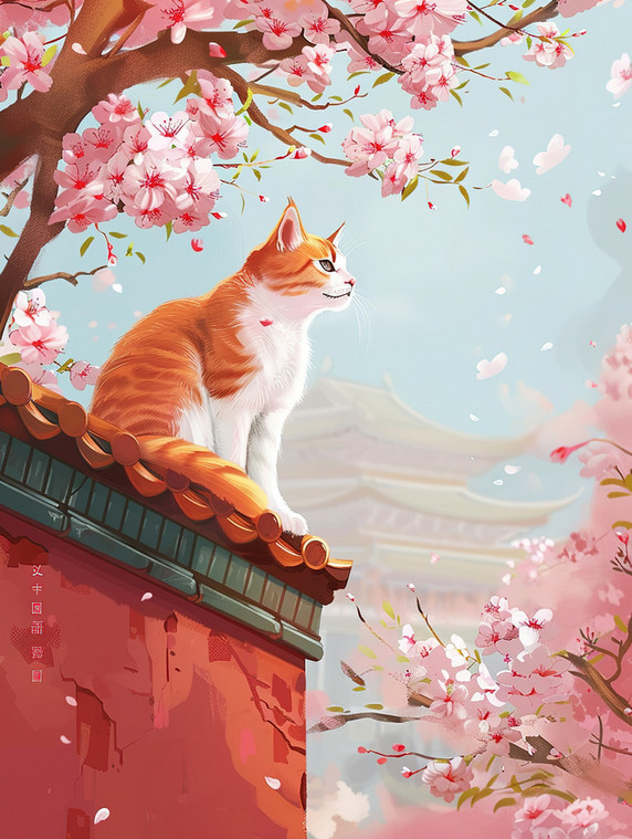 创意橙色猫咪樱花城墙中国风矢量插画