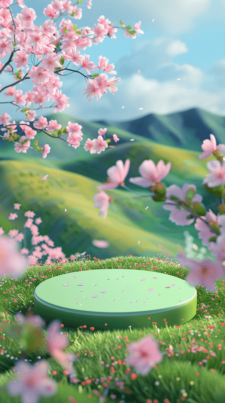 创意春天春暖花开户外风景3D展台背景绿色