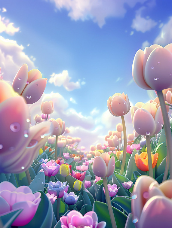 创意3D卡通春天植物花朵春季景观郁金香素材