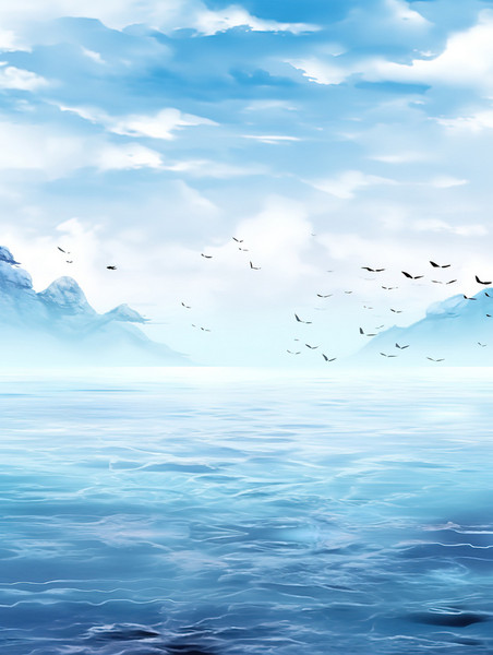 水彩蓝天大海创意水和天空同色水波背景图1