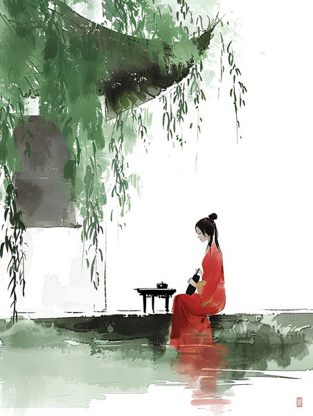 创意绿色的柳树年轻女子坐在河边插画素材