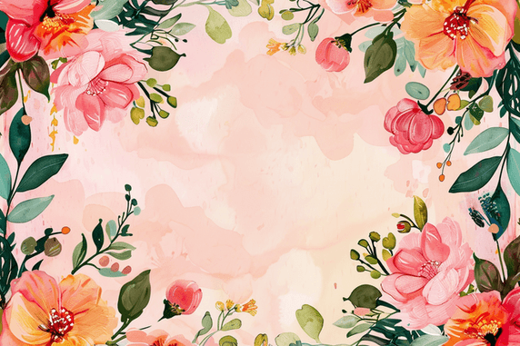 创意绿色植物花朵浅色背景春天插画粉色水彩植物边框