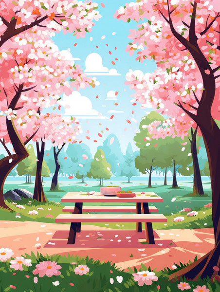 创意樱花树下长椅野餐