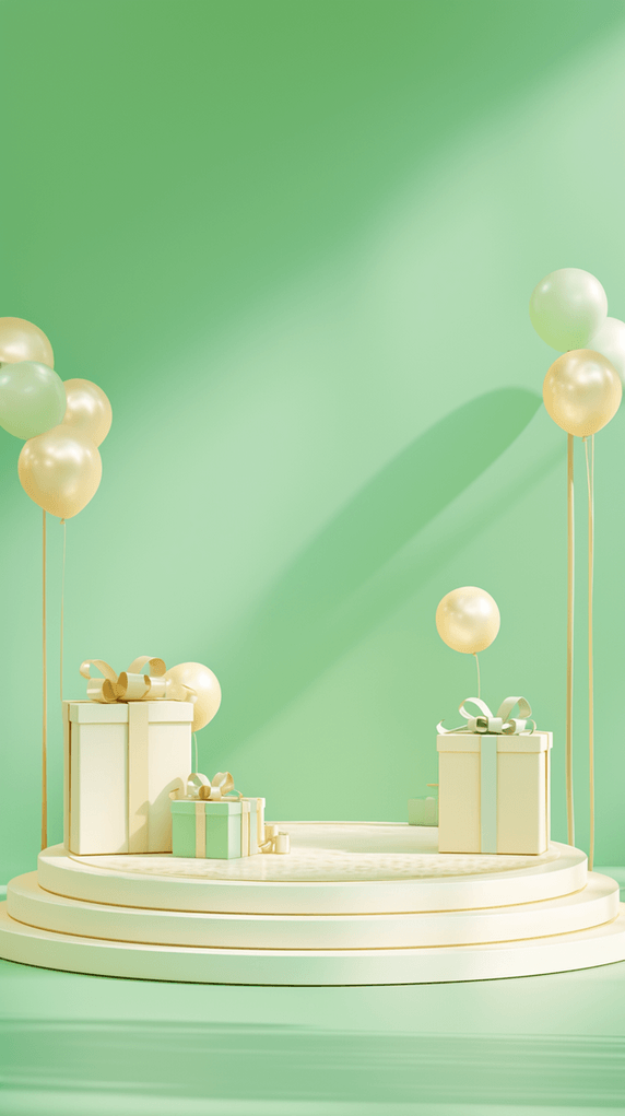 创意春天清新气球礼物盒3D展台场景背景素材绿色