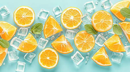 创意切片的橙子冰块薄荷叶夏天清凉水果高清摄影图