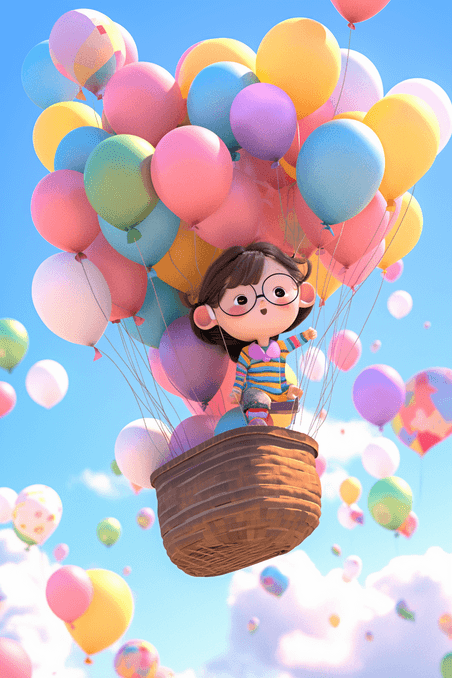 创意一个小女孩儿童节童趣童年纯真卡通场景3d立体气球空中