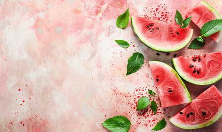 创意夏日夏天冰块粉色水果水果西瓜背景