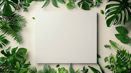 创意白墙上绿植春天夏天芭蕉叶边框简约背景