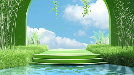 创意绿色空镜大气企业商务宣传抽象春天3D拱门展览空间展台场景背景图片
