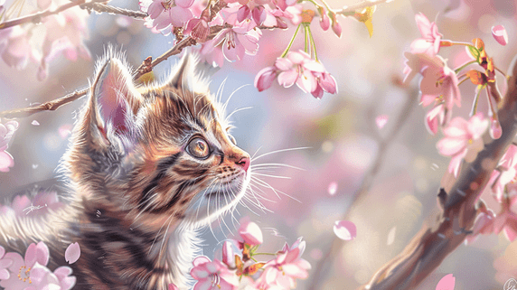 创意唯美粉色花瓣花朵场景下猫咪动物樱花的插画