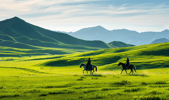 创意策马崩腾的夏季新疆大草原美丽风景旅游