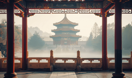 创意中国风简约优雅风景简约中国古建筑拱门背景