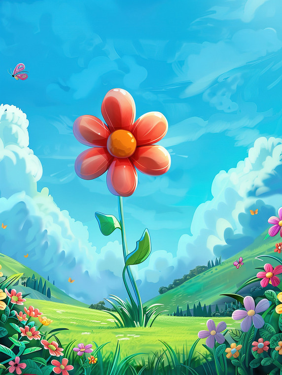 创意春天蓝天巨大的花朵植物矢量插画