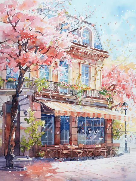 水彩创意樱花盛开街角咖啡店插画素材春天美景