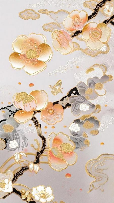 创意中式刺绣传统国风花卉刺绣纹理金色背景16