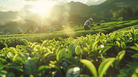 创意清香茶林立体描绘摄影照片春天茶园采茶