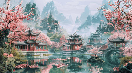 中国风春天樱花国画艺术风格山水的插画