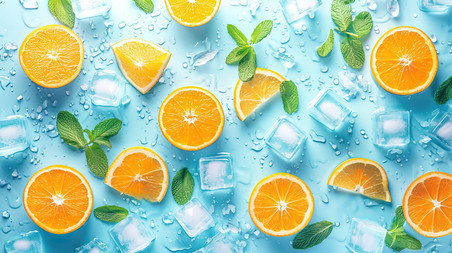 创意夏天清凉水果切片的橙子冰块薄荷叶摄影图