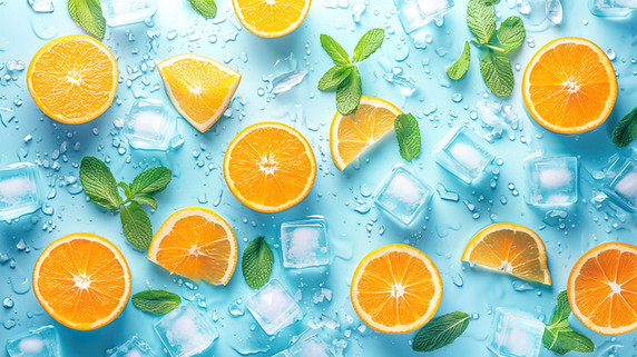 创意夏天清凉水果切片的橙子冰块薄荷叶摄影图