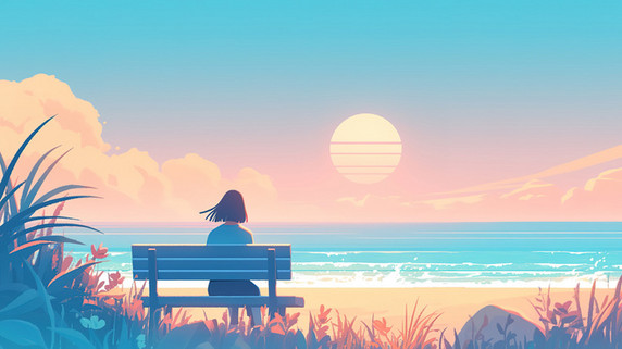 创意一个女人坐在长椅上看日落唯美文艺大海插图