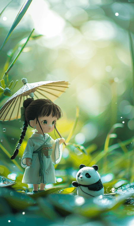创意3D人物小女孩带了一只熊猫竹林中国风优雅背景