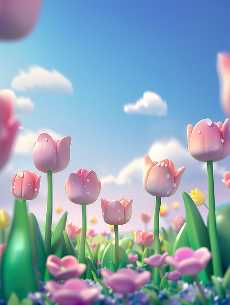 春天植物花朵创意3D卡通春季景观郁金香插图