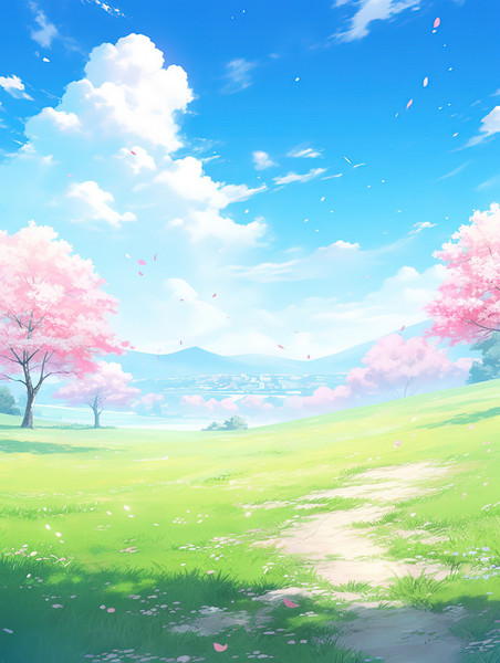 浪漫唯美卡通创意春天唯美的樱花草坪草地卡通插图