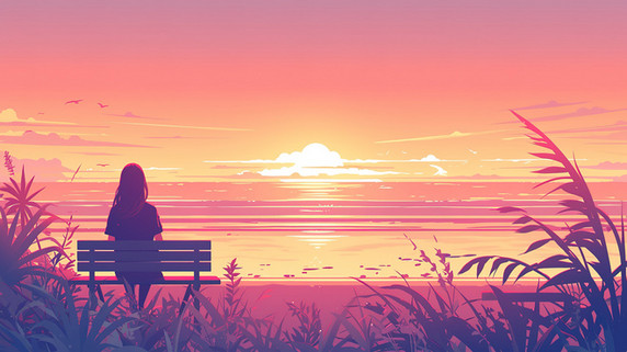创意唯美文艺大海一个女人坐在长椅上看日落插画素材