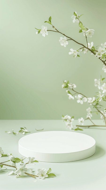 创意浅绿绿色直播清透质感春天3D梨花花枝电商展台设计