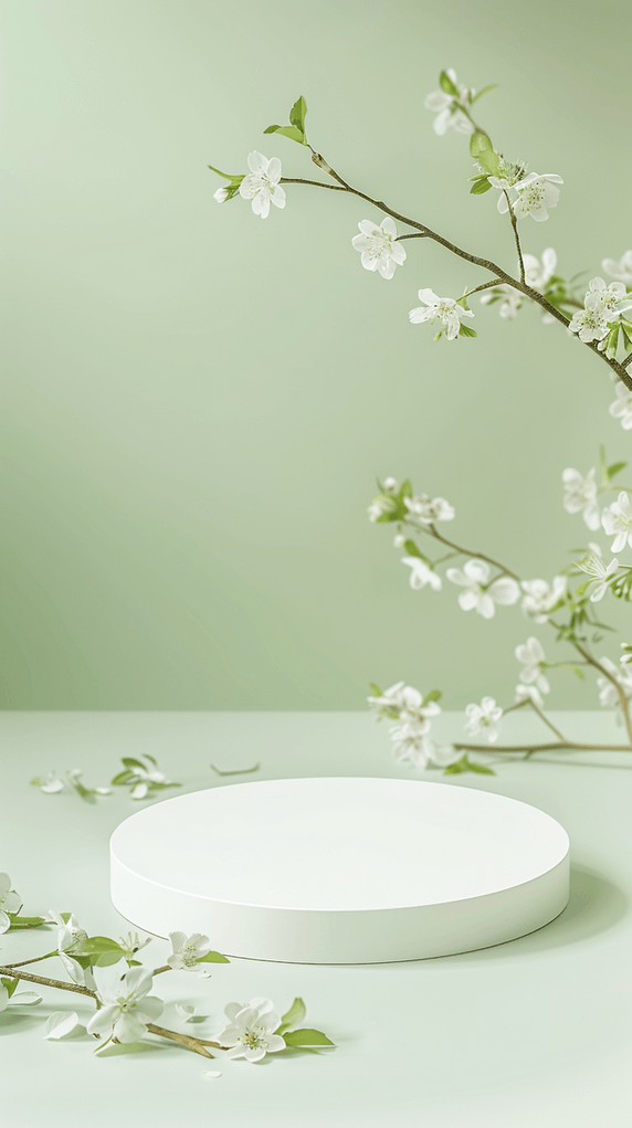 创意浅绿绿色直播清透质感春天3D梨花花枝电商展台设计