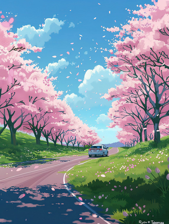 创意樱花树下的汽车春天插图春天美景