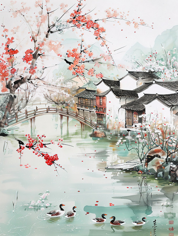 创意中国风水墨春天江南桃树盛开的春水风光池塘插画