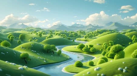 创意3D渲染春天绿色梯田茶园风景场景背景