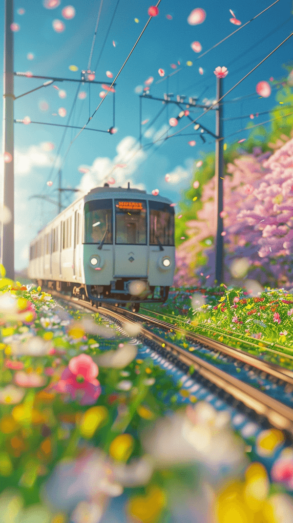 创意春天春日出游开往春天的列车背景素材