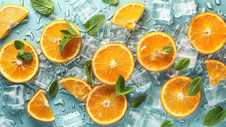 创意切片的橙子冰块薄荷叶夏天水果清凉摄影照片