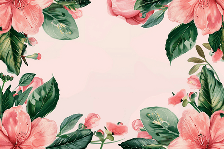 创意春天绿色背景植物花朵粉色水彩植物边框浅色插画