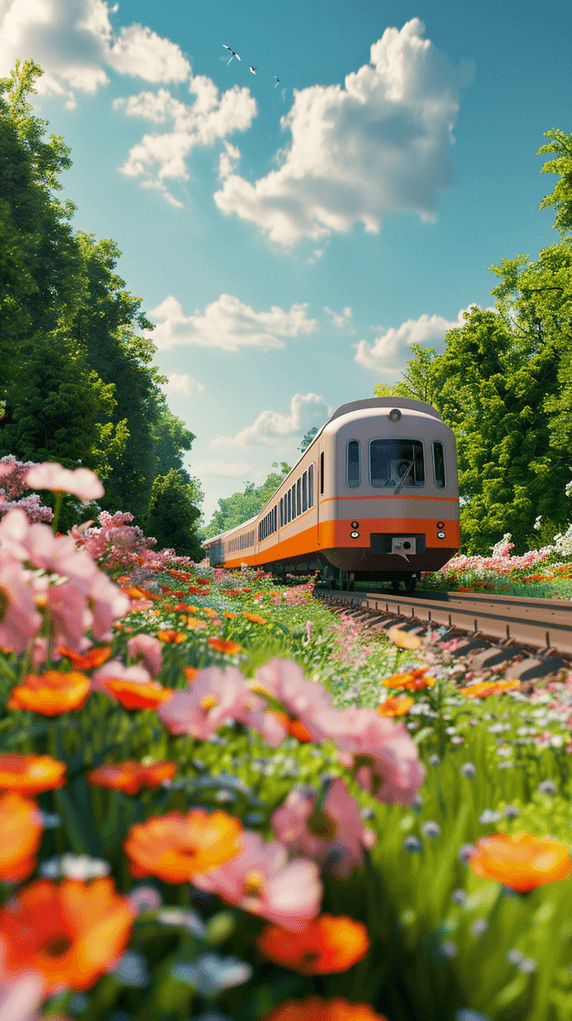 创意春日出游开往春天的列车春天水面花朵植物