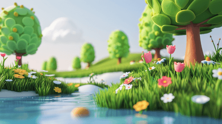 创意春天可爱风3D渲染公园湖泊风景场景设计图