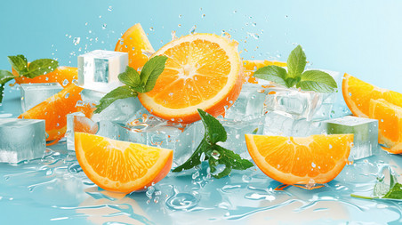 创意切片的橙子冰块薄荷叶夏天清凉水果高清