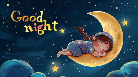 创意夜晚安睡的小女孩睡觉睡眠卡通童话插画7