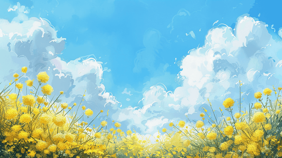 创意春天手绘蓝天白云树枝花草的油菜花背景20