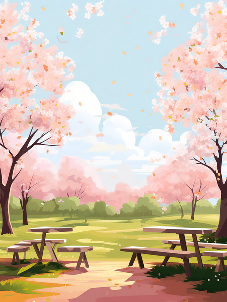 创意樱花树下长椅野餐插画设计