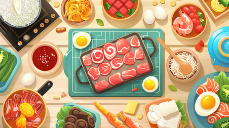 创意美食火锅材料蔬菜肉类游戏桌面插图