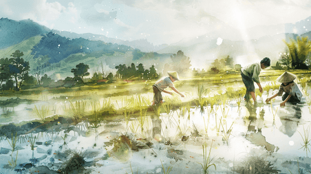 创意水彩绘画田地里农民春耕种田种水稻的插画78